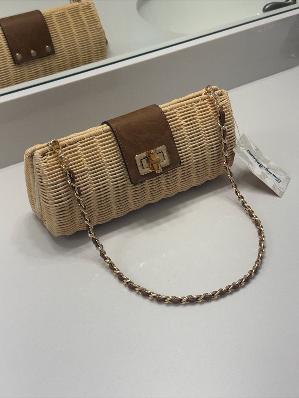 Tommy Bahama Natural Wicker SHOULDER BAG with Brown Trim and Gold Chain